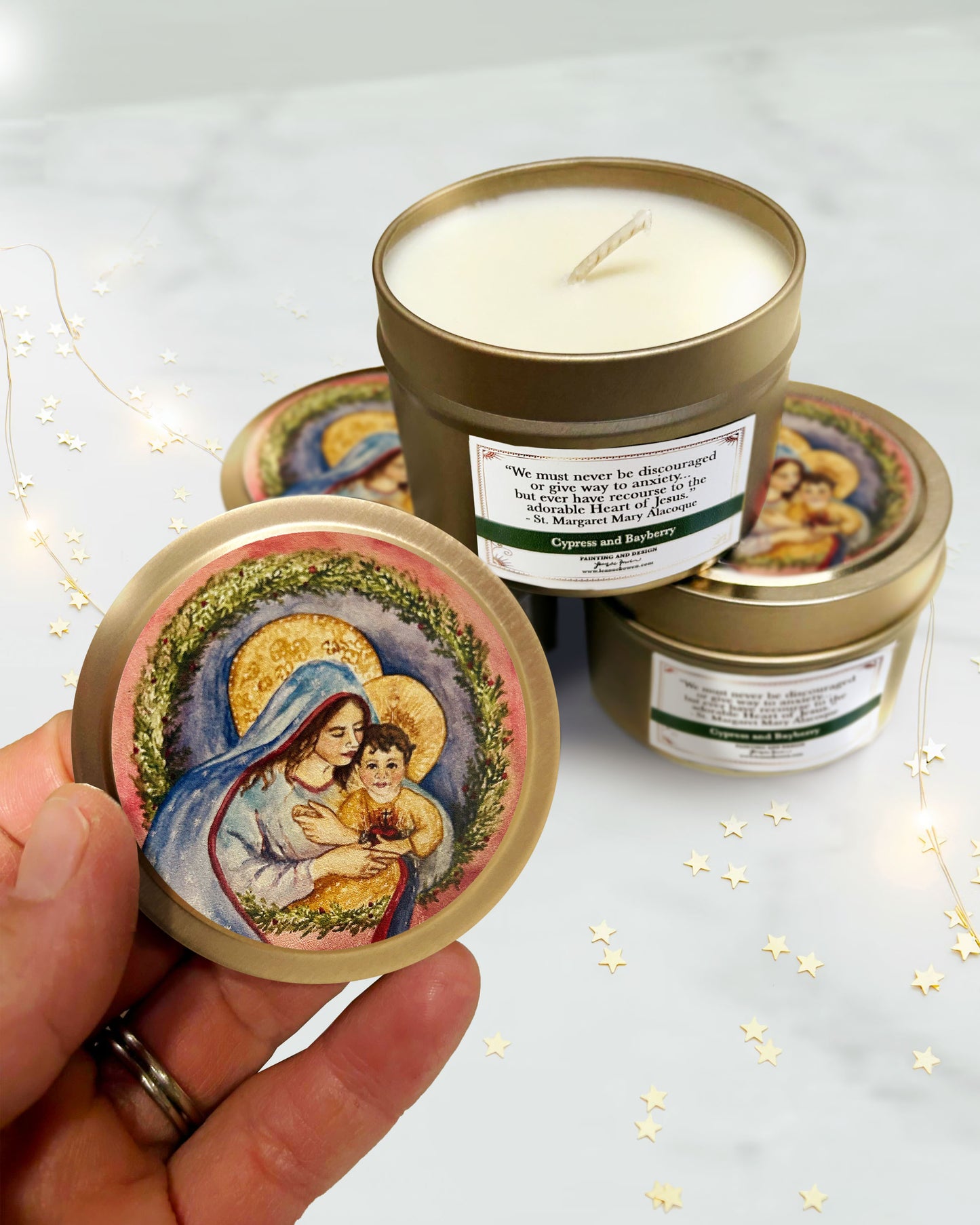 Merciful Love of the Christ Child Candle Tin (Cypress and Bayberry Scented, Gold)