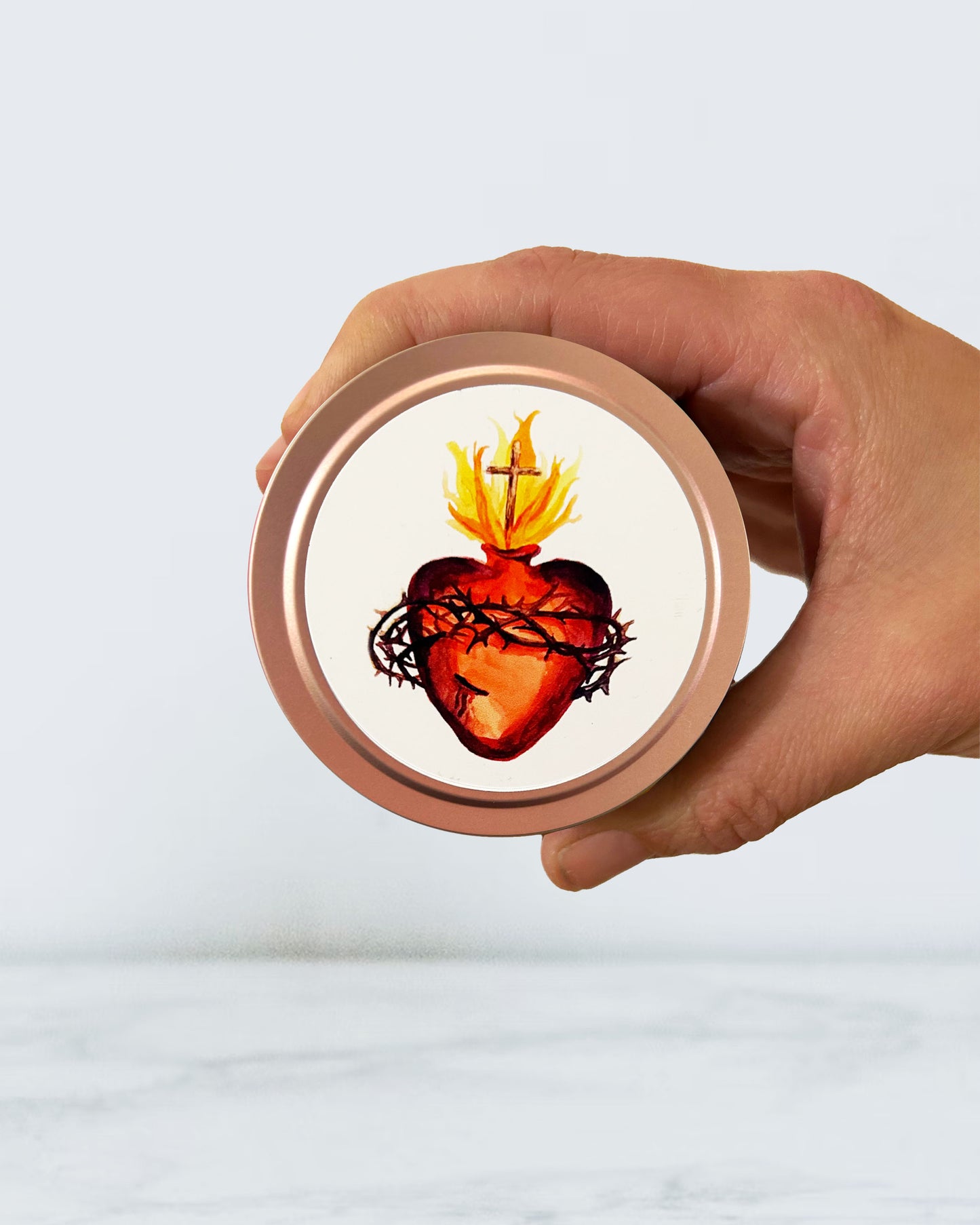 Sacred Heart Candle Tin (Chrism Scented, Rose Gold)